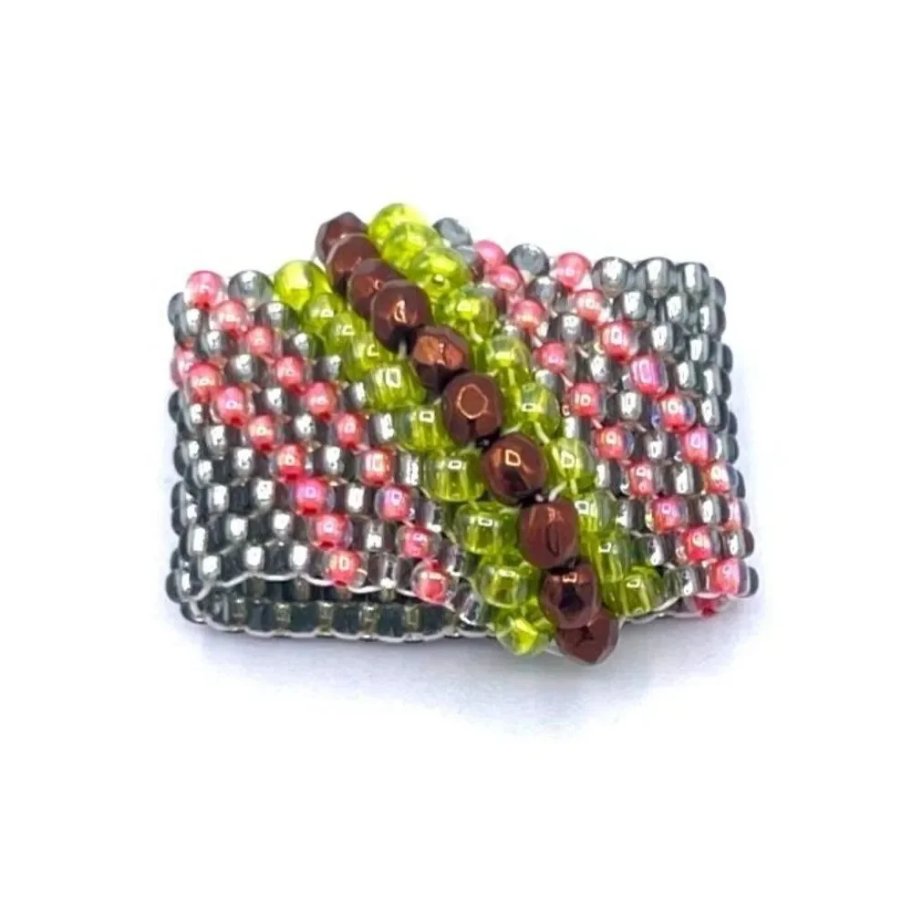 Silver with Yellow and Bronze Crystal Cellini Spiral Statement Ring Size 6